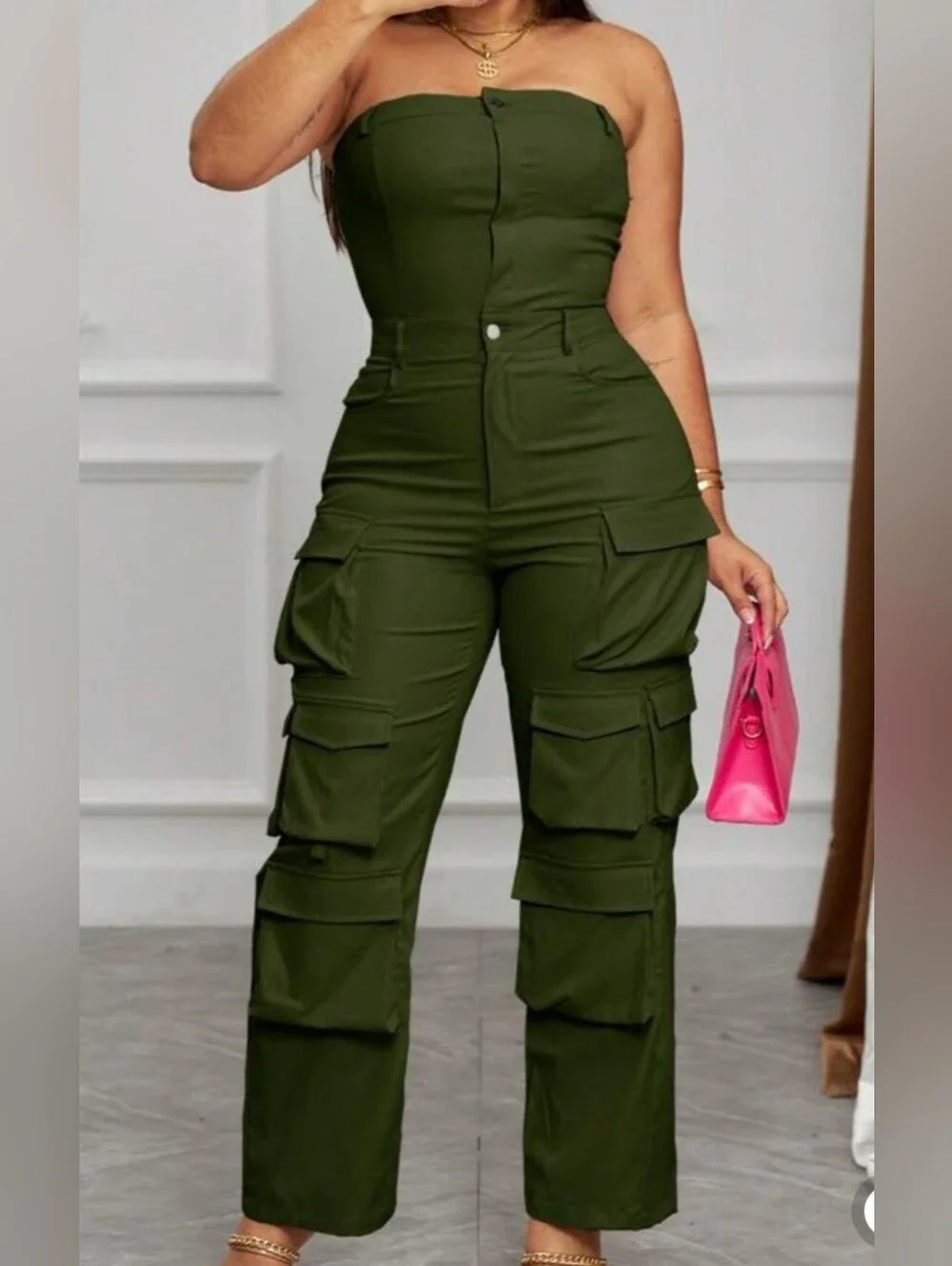Strapless Olive Green Cargo Jumpsuit for Women - Picture 1 of 7